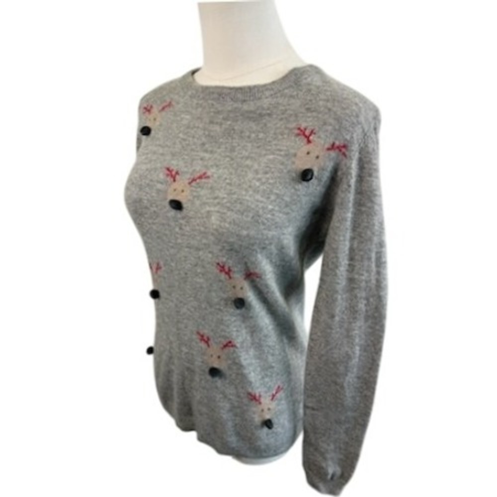 Artisan NY Reindeer Holiday Sweater Womens Medium Gray Crewneck Winter Christmas